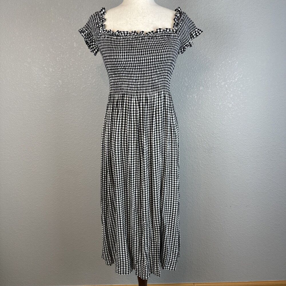 Bardot Cindy Off Shoulder Midi Dress Size 6 S Black Gingham Smocked Babydoll